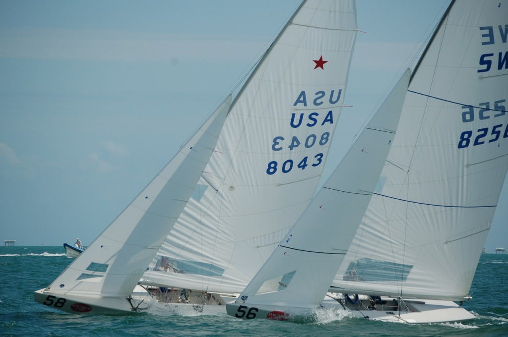 Jack Kohlhas/Larry Scott (8256/USA) and Fredrik Loof and Anders Ekstrom  (SWE) push each other hard in race 2 of the 2007 Bacardi Cup &copy; Lynn Fitzpatrick